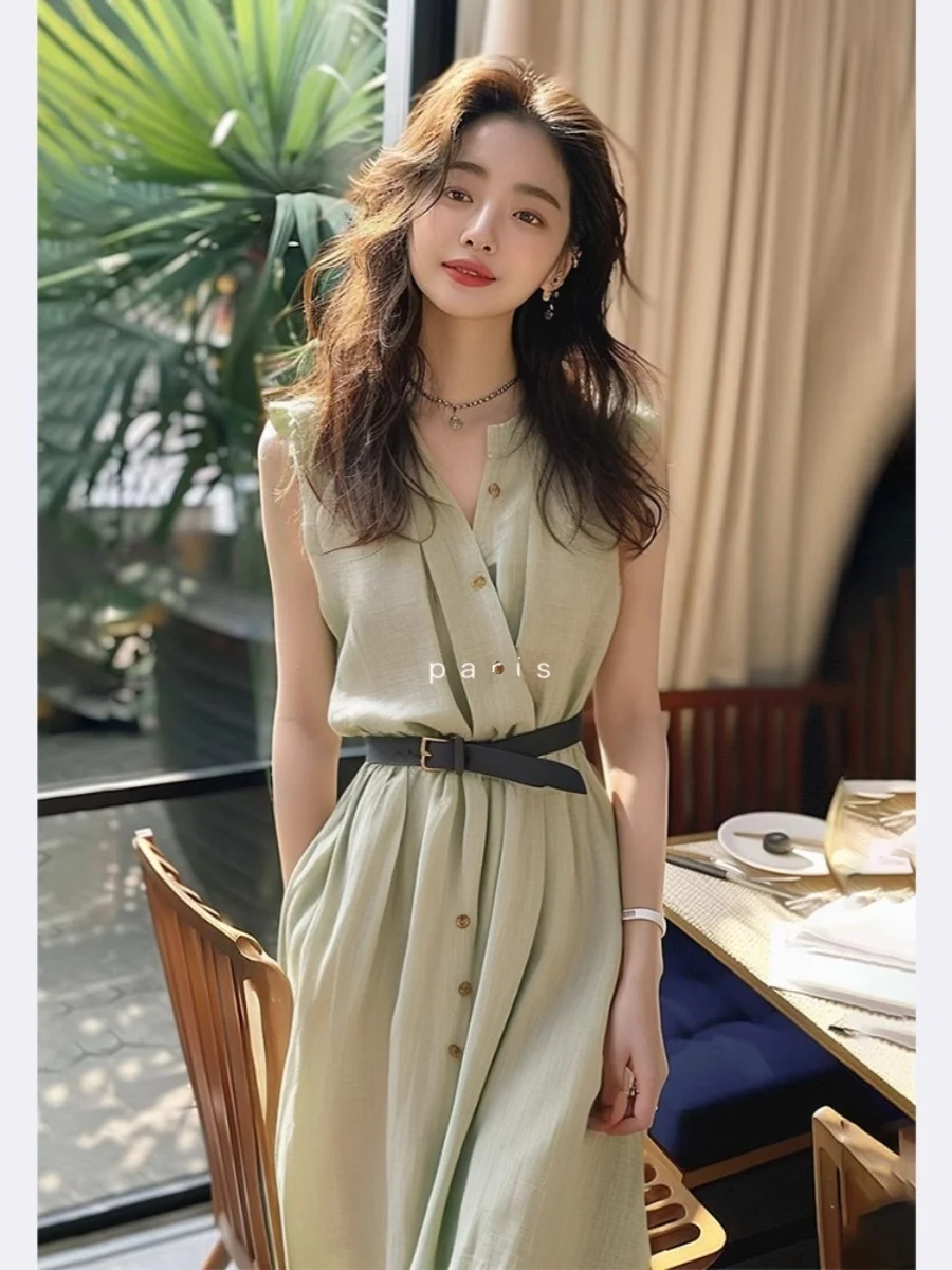 

ROUJE KEFSS Elegant Cotton Linen Dress Women's Summer New High-End Beautiful Long Skirt Sleeveless Elegant Long Dress