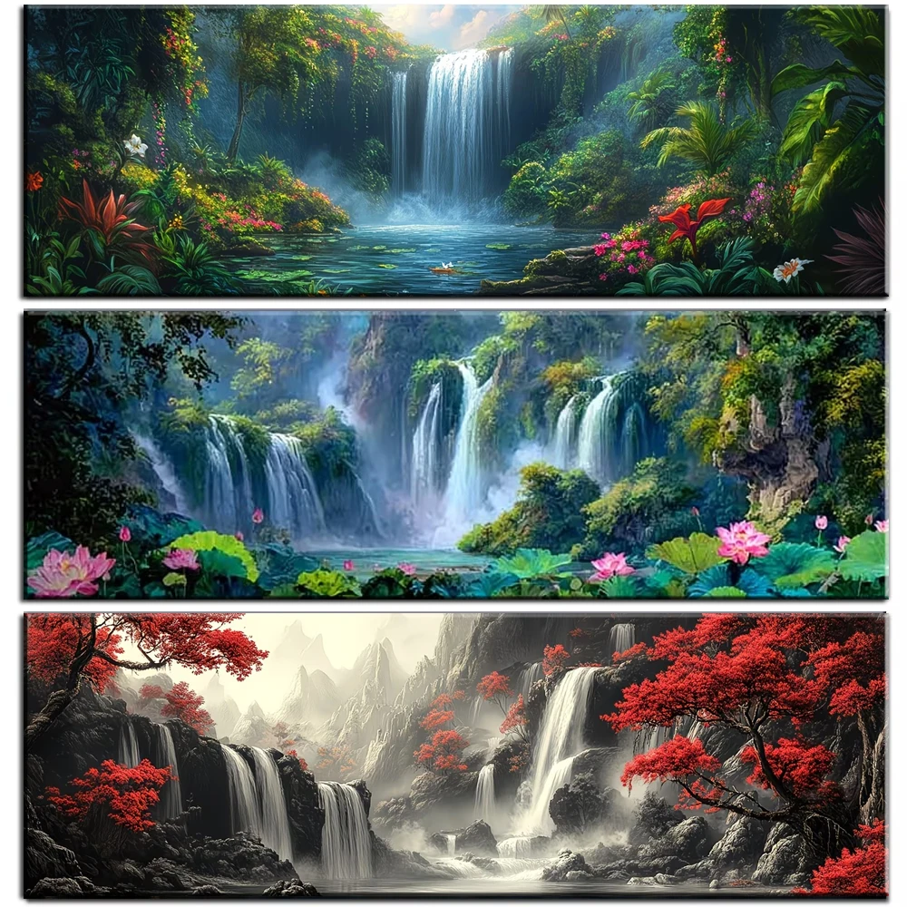 

Большая алмазная вышивка DIY: Пейзаж с лесом и водопадом, украшение для дома, мозаика из полноразмерных квадратных и круглых алмазов, декор для интерьера