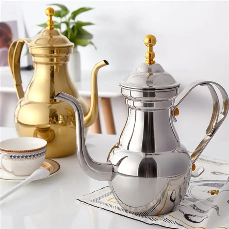 

Middle East Arabic Teapot Sliver Gold Stainless Steel Gooseneck Pour Coffee Tea Kettle Filter Strainer Pot Environmental