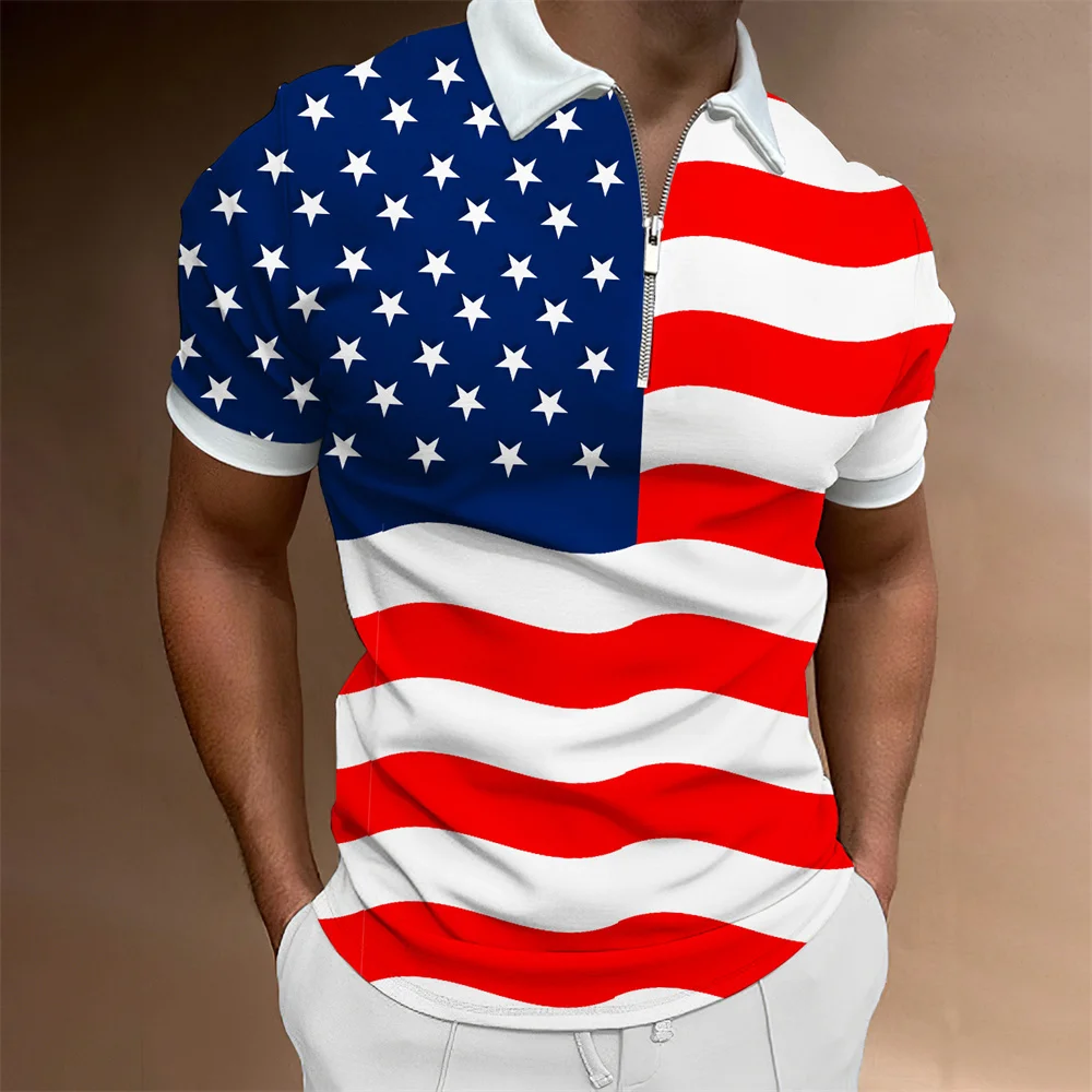 American Flag 3D Printed Summer Men\'s Zipper Collar Polo Shirt Casual Short Sleeve Oversized Tops Fashion Golf Wear Men Clothing