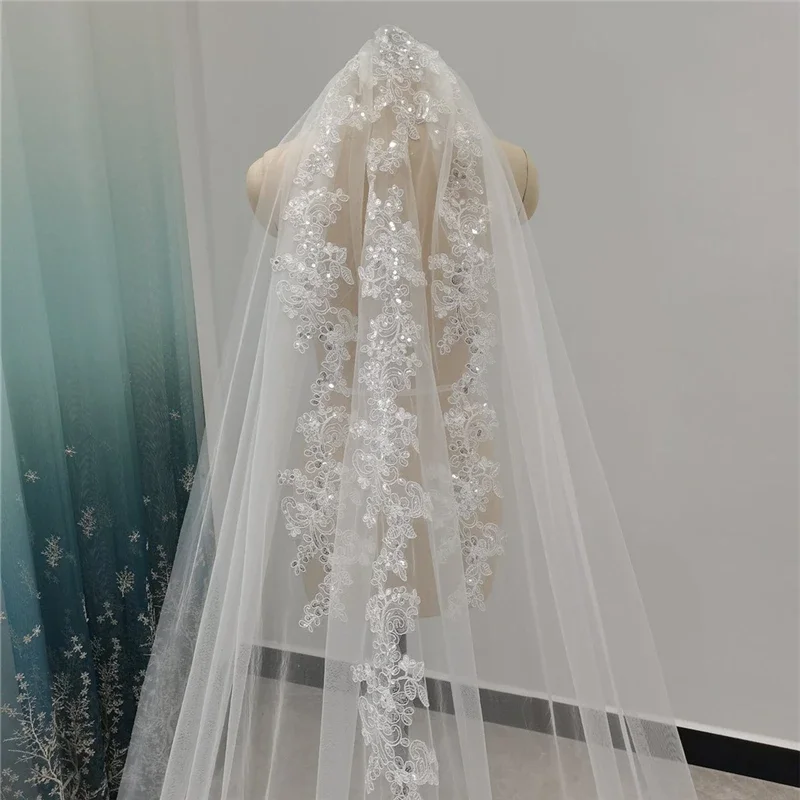 

Luxury Bridal Veil Lace Appliques White Ivory Cathedral Veils with Comb Long Wedding Veil for Brides Velos de Novia
