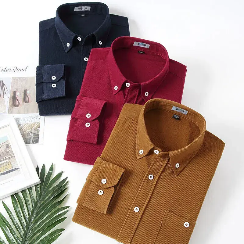 Fashion Corduroy Men's Shirt Autumn Winter Business Slim Long-sleeved Plain Shirt Thickened Warm Solid Color Buttons Lapel Top