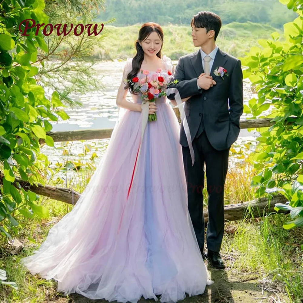 

Prowow Unique Purple A Line Evening Dress Korea Wedidng Photoshoot Square Collar Prom Party Gown Sleeveless Corset Customized