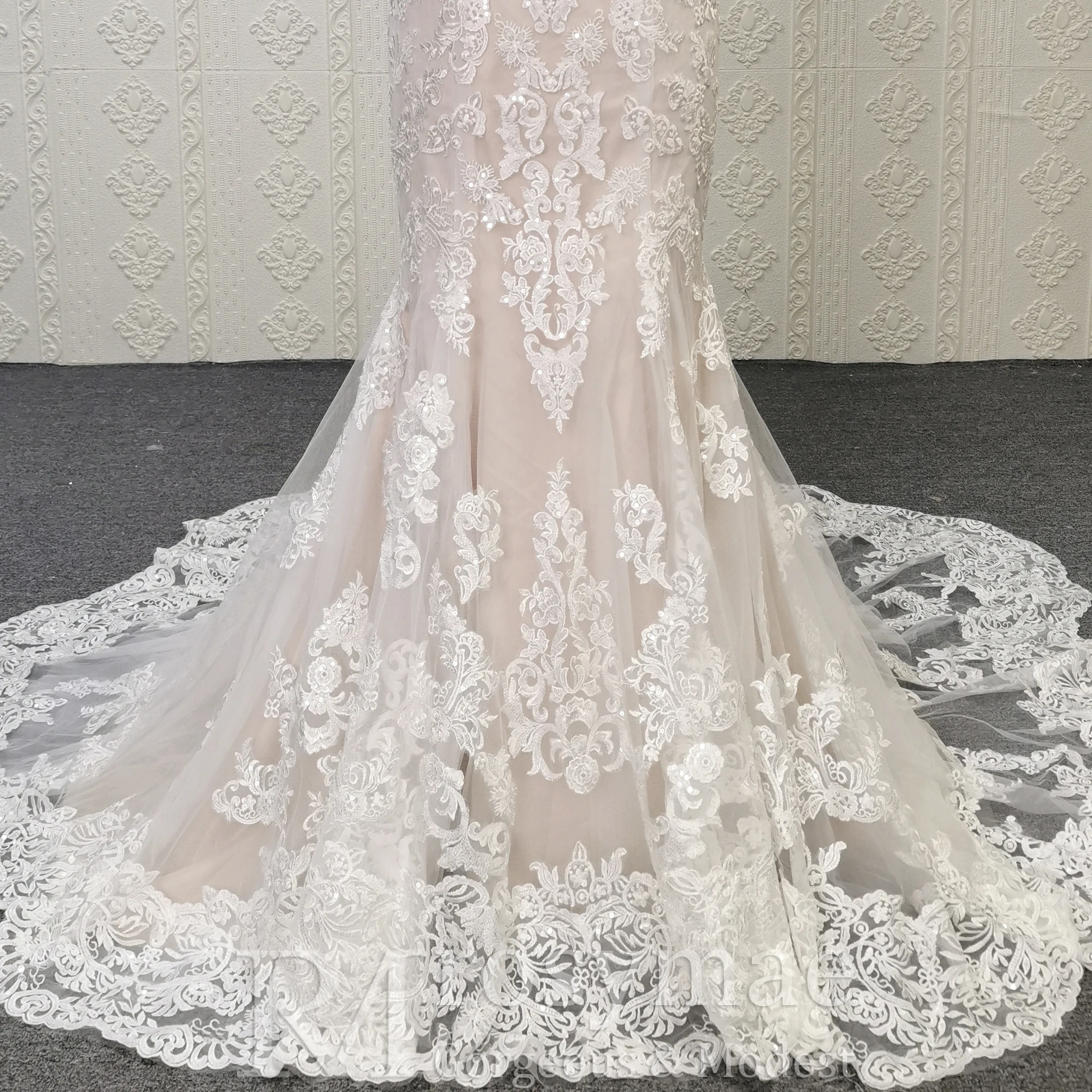 Rosymae elegante vestido de noiva estilo trompete com decote em V profundo sobreposição de renda elegante vestido de noiva