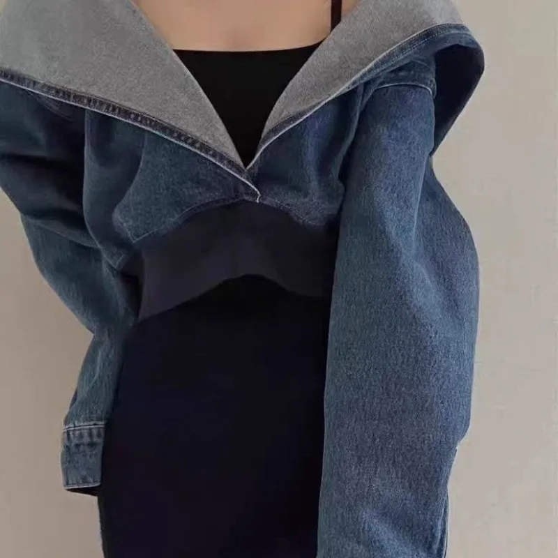 

Hooded Casual Denim Coat Women Vintage Lazy Chinese Style Short Jackets Fashion All-match Casual Tops Mujer Clothes Harajuku