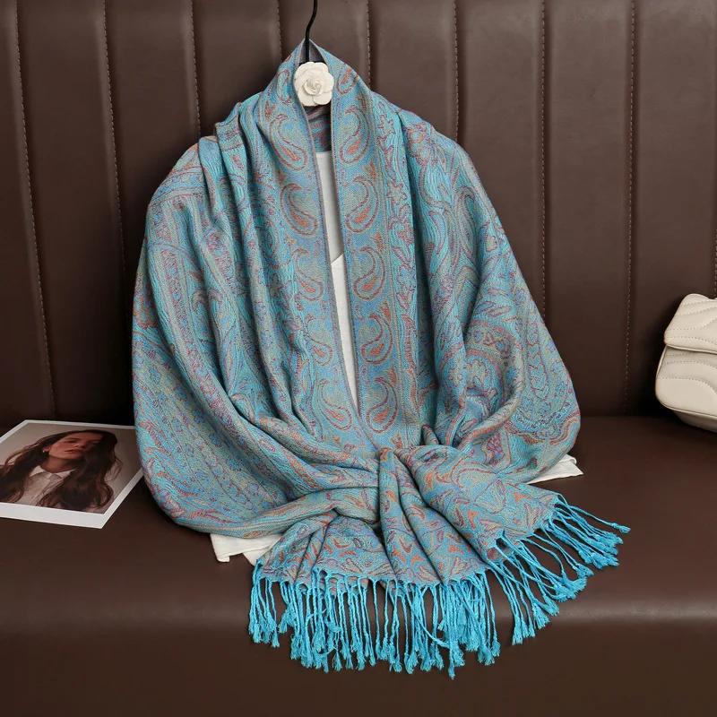 Paisley Designer Winter Warm Thick Ethnic Style Jacquard Scarf Women Travel Muslim Hijab Cashmere Tassel Shawl Wrap Pashmina image 2
