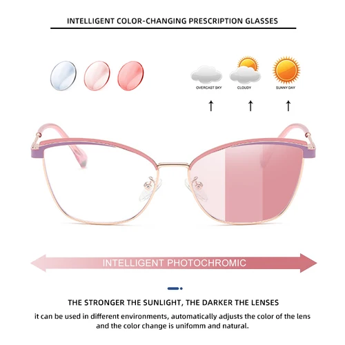 CLLOIO, montura de aleaciones de ojo de gato a la moda, gafas de lectura antiluz azul para mujer, gafas ópticas graduadas para miopía fotocromáticas de Color