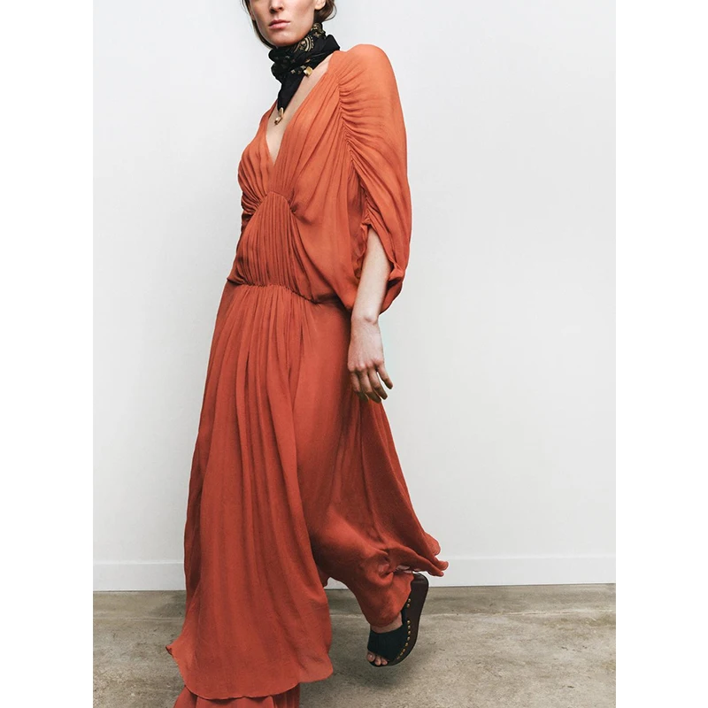 فستان نسائي صيفي بحافة غير متماثلة وياقة على شكل V وأكمام مطوية، فستان طويل بخصر مرتفع وأكمام خفاشية من البوليستر بتصميم A-line #1