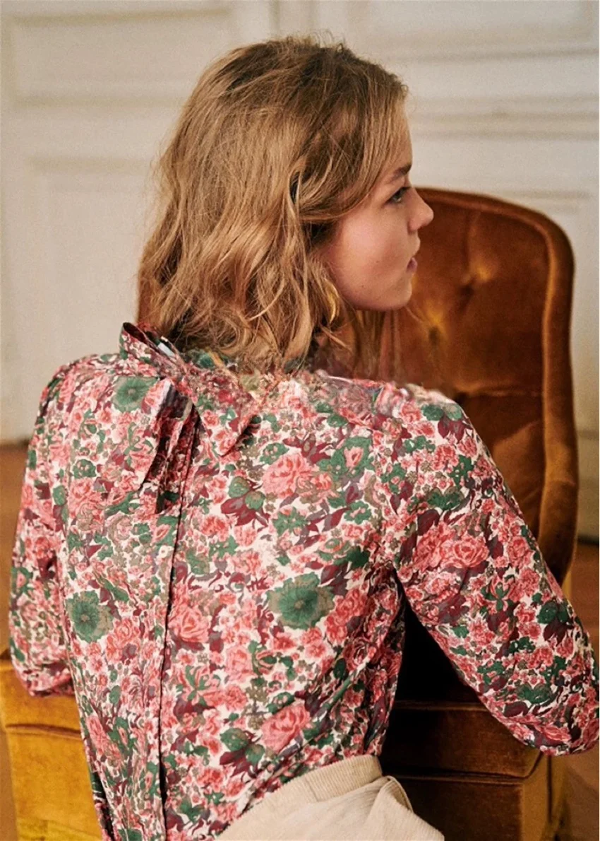 

Wog Small S Brand Silk Cotton Floral Print Women's irt Spring Summer New Sle Rich Red And een Flowers with Knot