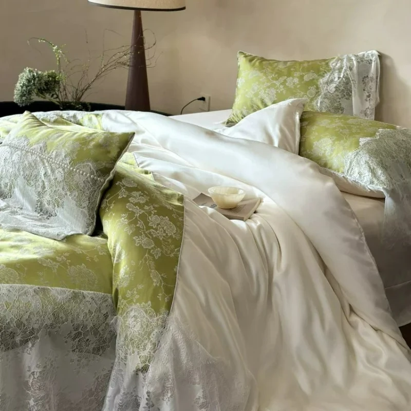 Summer Lyocell fabric 4-piece set princess style jacquard lace edge cool silky smooth duvet cover bed sheet pillowcase bedding