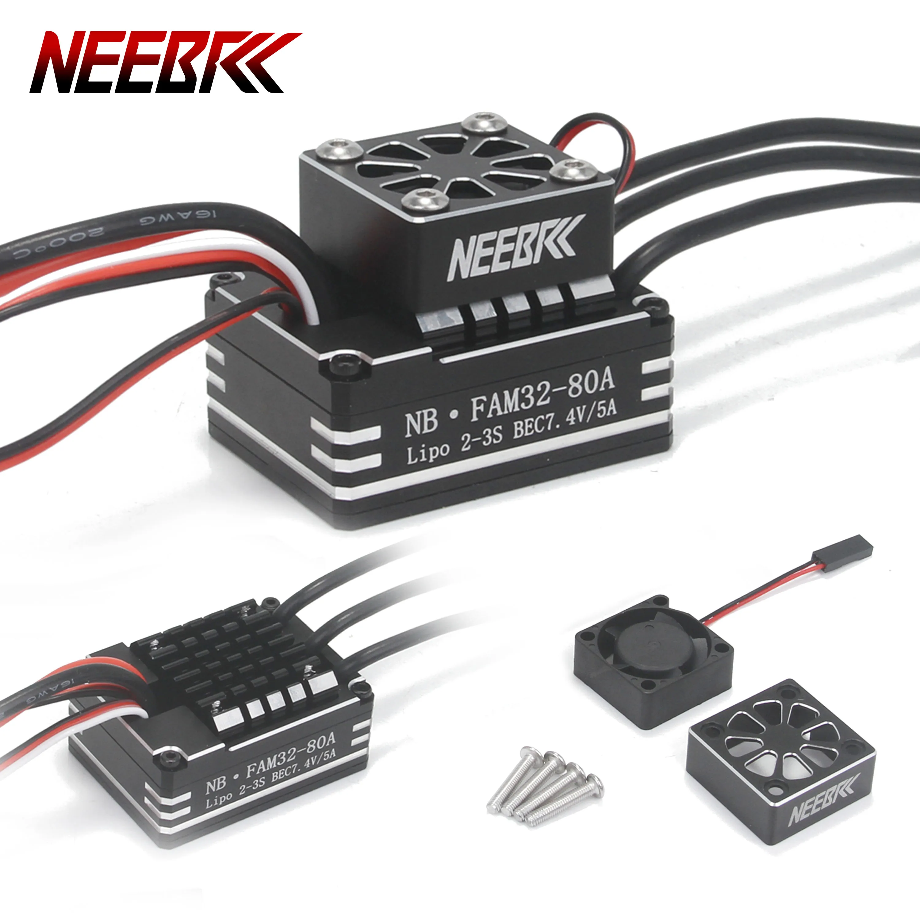 

NEEBRC 80A AM32 Metal Brushless ESC 2-3S BEC w Cooling Fan for 1/8 1/10 RC Crawler Car Off Road AXIAL TRAXXAS RC4WD 3542 Motor