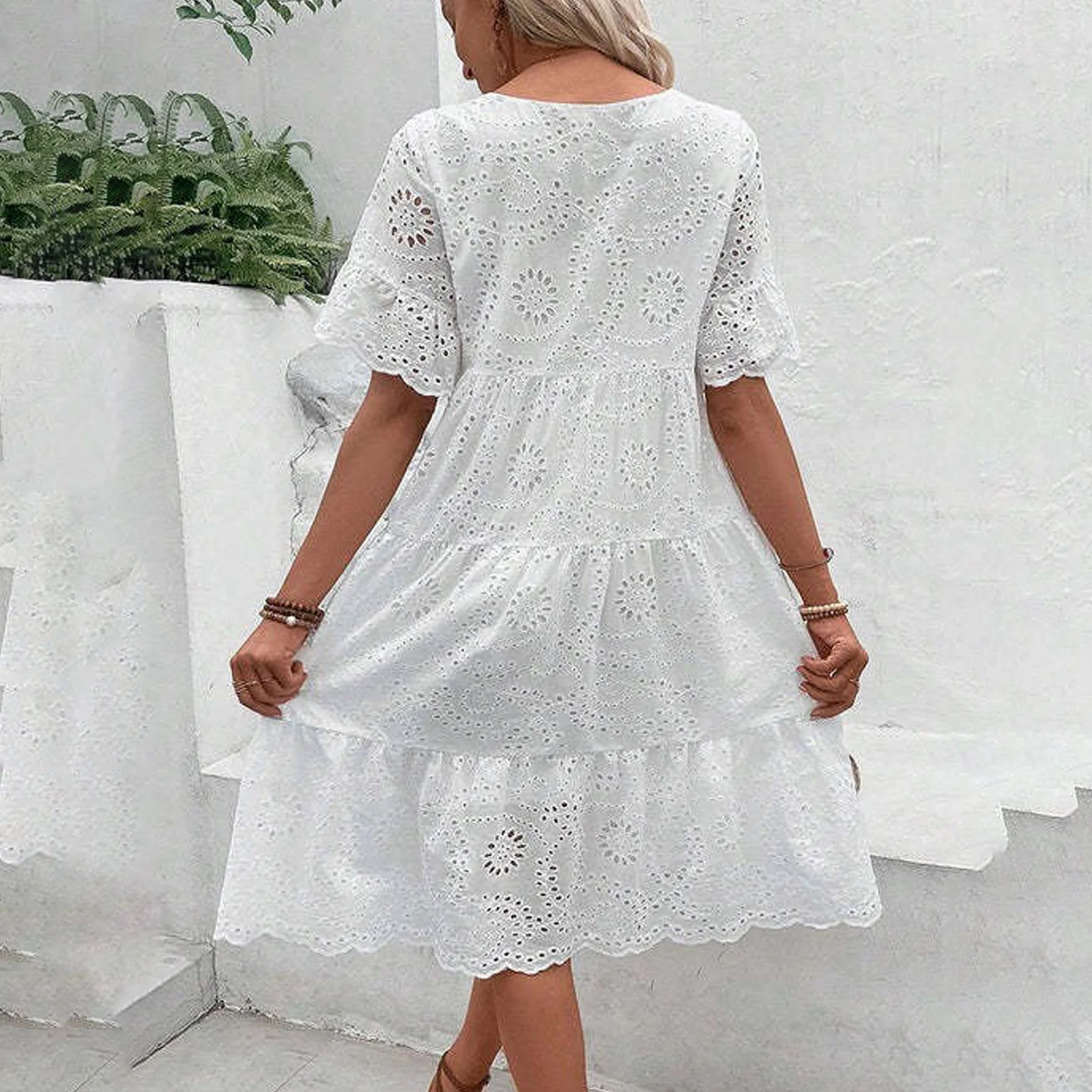 Vestido bordado de renda elegante floral recorte linha A vestido maxi com decote em V cintura alta para festa de formatura ou férias meia manga