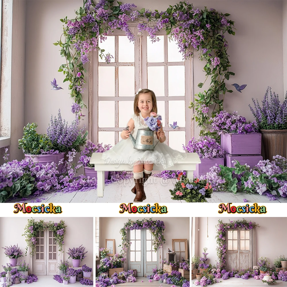 

Mocsicka Flower Girl Birthday Photography Background Vintage White Door Wisteria Floral Backdrop Kids Baby Show Photo Studio