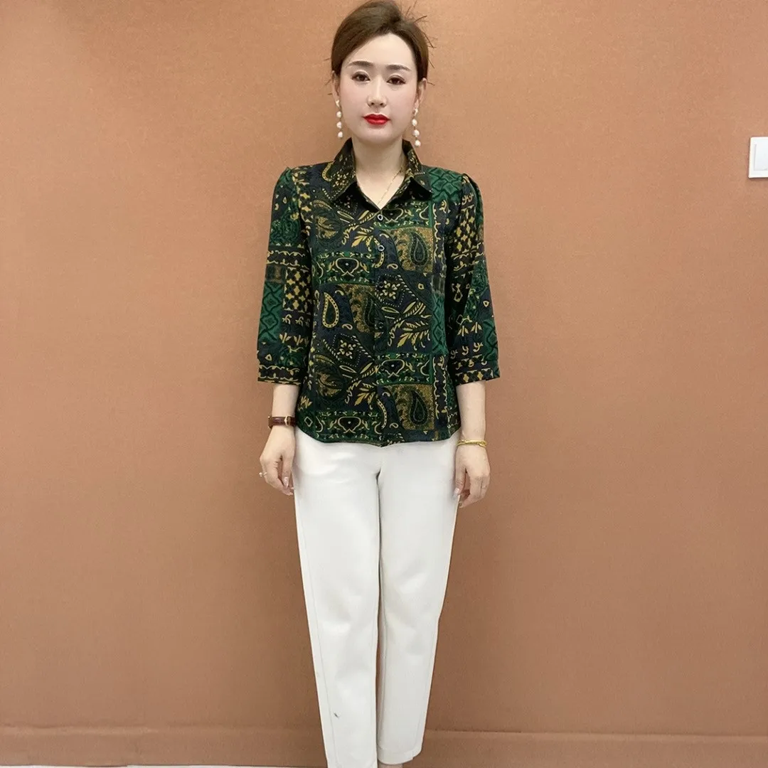 

Floral Print irt Women's f Sve Turn-down Collar Slimming Anti-aging Middle-aged And ly Women's Upper Apparel