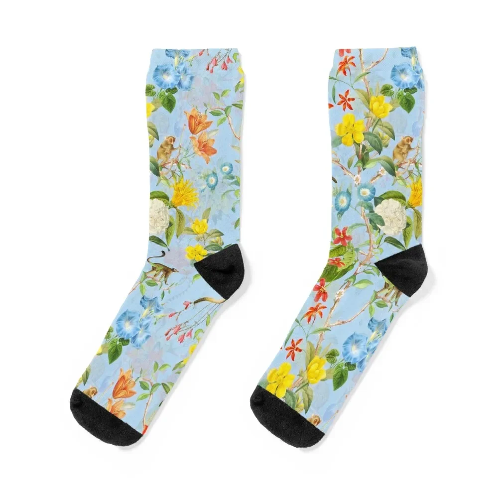 

Chinoiserie Monkeys Botanical Garden Pattern blue Socks sports stockings essential floral loose Socks For Girls Men's