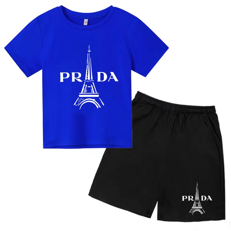 New round neck T-shirt set, suitable for children aged 3-12, boys and girls, 2D printed iron tower sports short sleeves+shorts