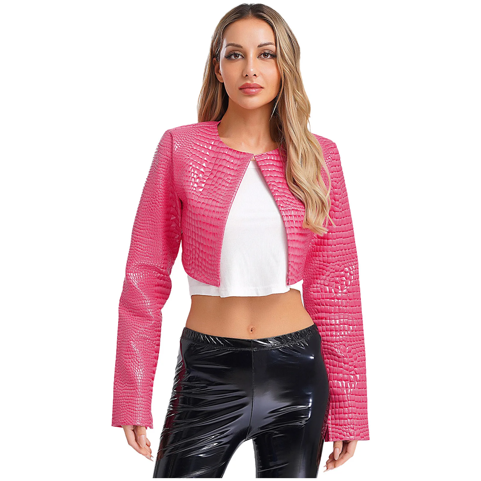 

Women Fashion Bolero Blazer Jacket Coats Long Sleeve Snakeskin Embossing Short Jacket Cropped Jacket Motorcycle Basic Outwear