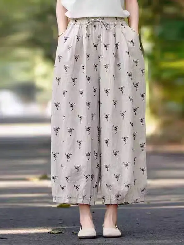 Japanse Sle Polka Dot Print Linnen Wijde Pijpen Broek Vrouwen Zomer Losse Luie Hoge Taille Afslanken Casual Negen Punt Katoen Lijn...