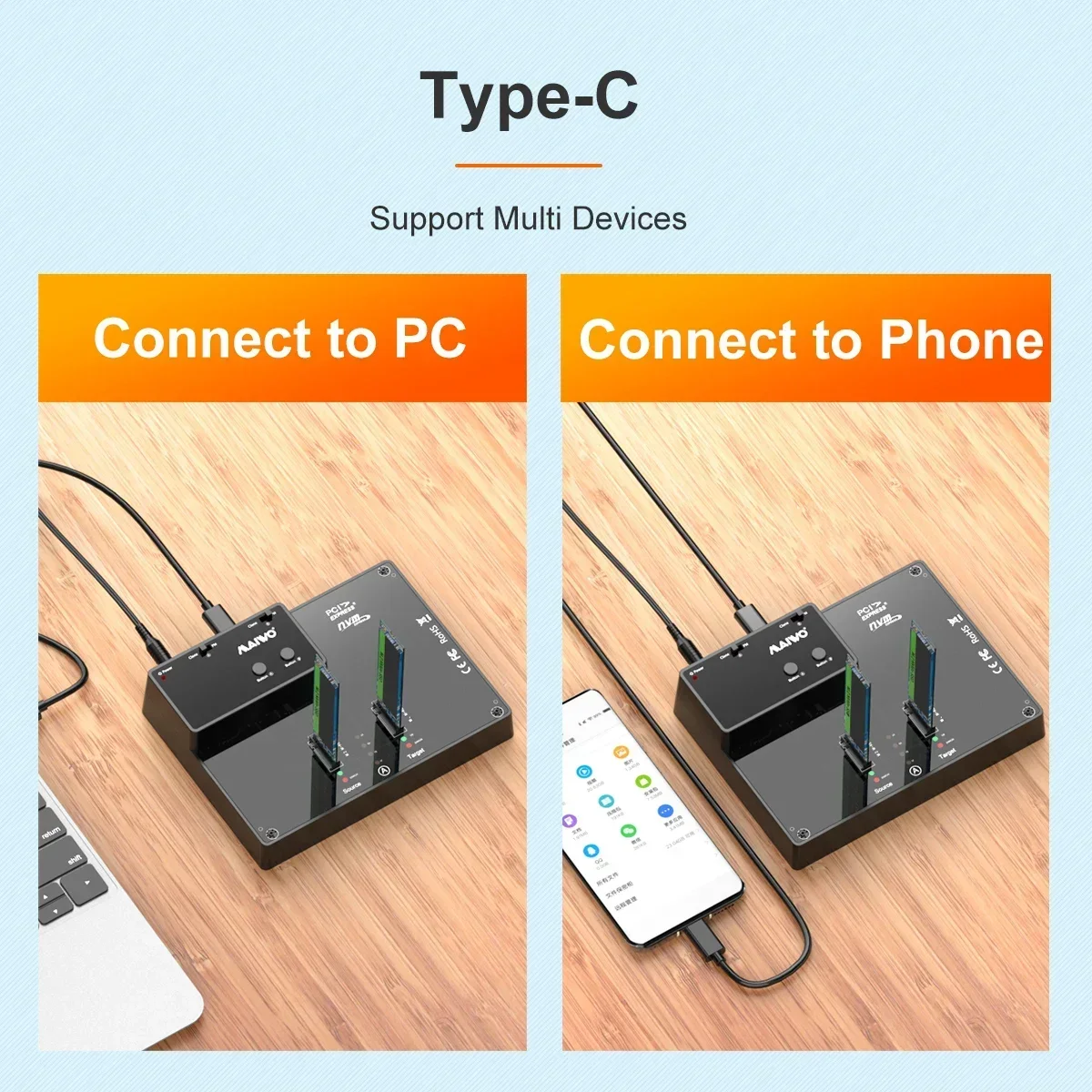 MAIWO 2 Bay M.2 NVME alat Dok, gratis perangkat tipe-c untuk NVME SSD dengan klon duplikator Offline dan klona Disk sistem