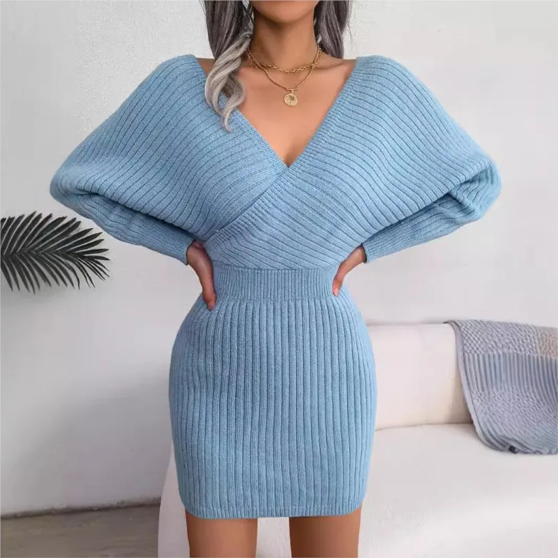 2024 Autumn/Winter Women's Sexy Cross V-neck Bat Skirt Bag Hip Dress Fashion Purple Long Sleeve Elegant Women's Woolen Dress