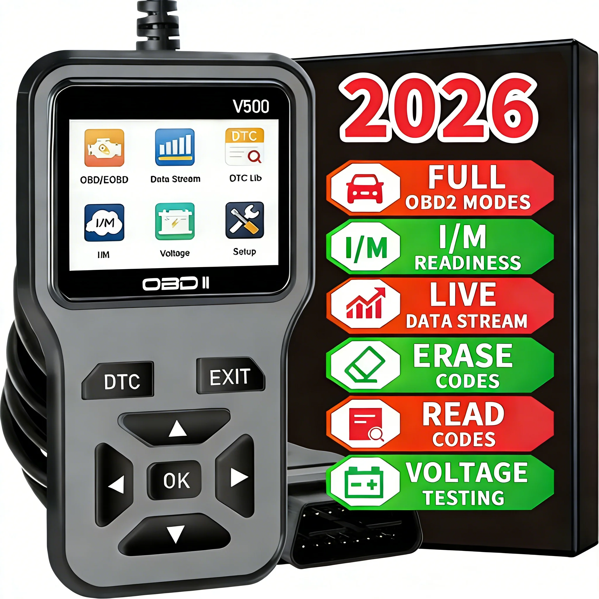 2026 Latest Obd2 Scanner Diagnostic Tool—Complete Engine Code Reader with Data Stream, Input/Management Preparation, Voltage Test