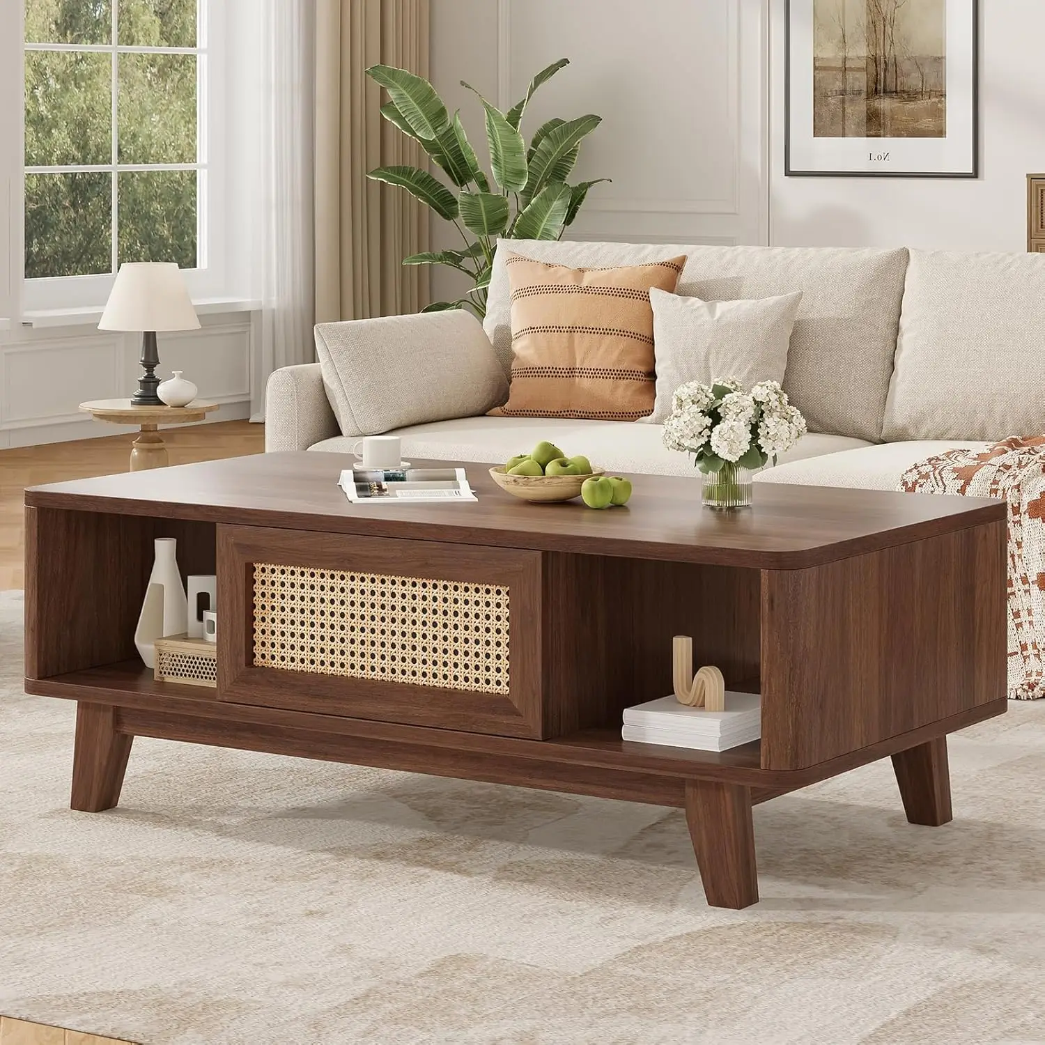 

Coffee Table, Mid Century Living Room Tables with Storage, Modern Square with Rattan Drawer, Wooden Living Room, Customized