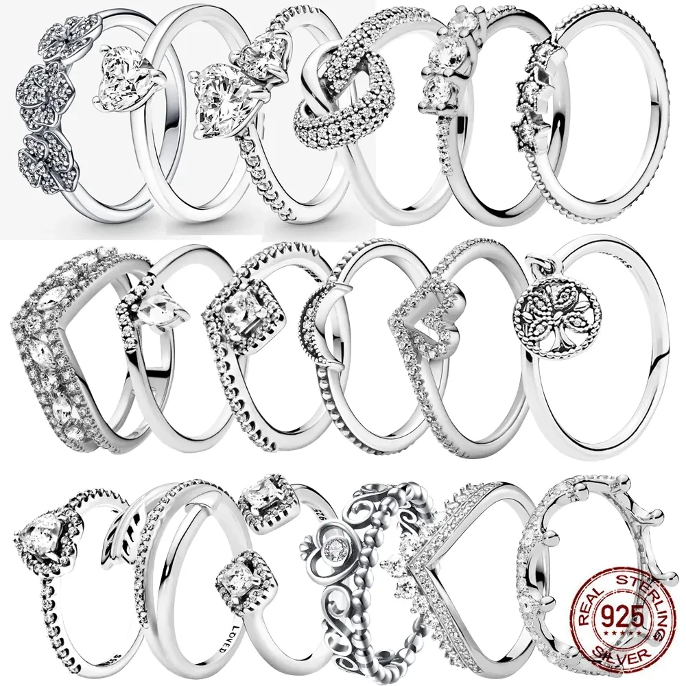 925 Sterling Silver Rings For Women Original Crown Heart Wishbone Engagement Wedding Silver Crystal Ring Luxury Jewelry Gift