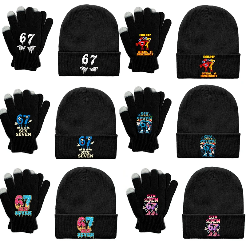

67 Knitted Hat Gloves 2pcs Set Steal A Brainrot Funny Boy Girl Knit Cap Six Seven Glove Kids Winter Warm Accessories Xmas Gift