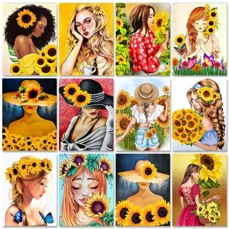 

RUOPOTY Sunflowers Acrylic Paint Diy Painting By Numbers For Adults With Diy Frame Girl Picture On Numbers For Diy Art