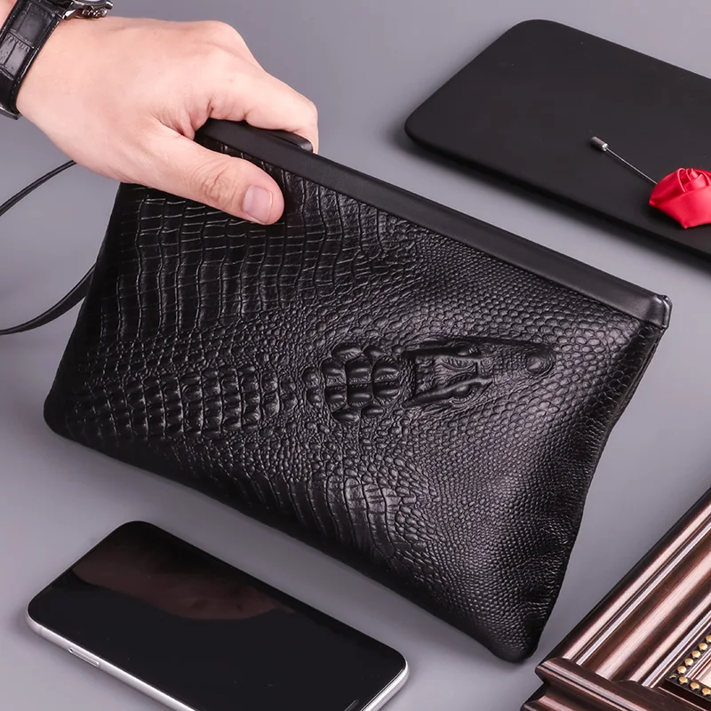 Genuine Top Layer Cowhide Handbag for Men Crocodile Pattern Envelope Sle Luxury Leather Bag Soft Casual Handheld Bag