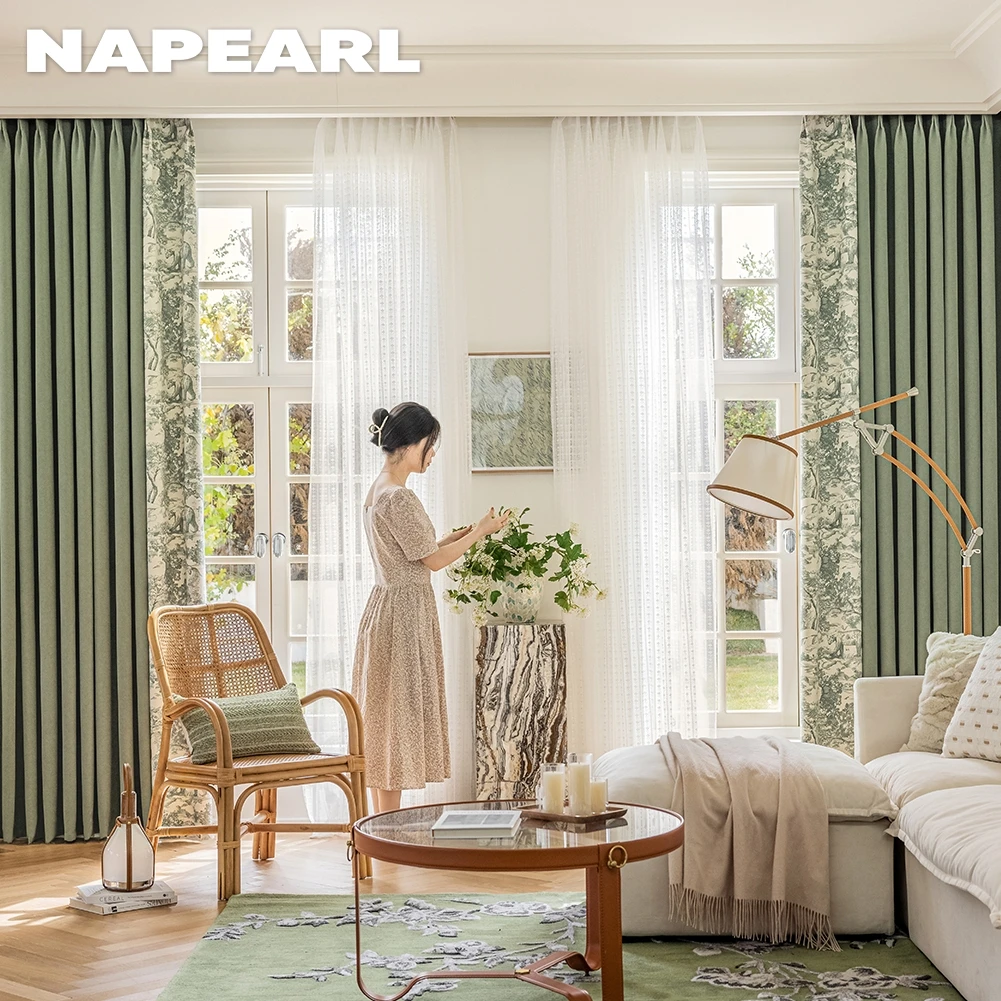 NAPEARL Splicing Curtain Floral Flower Printed and Solid Curtain Unique Design High End Window Drapes Home Decoration