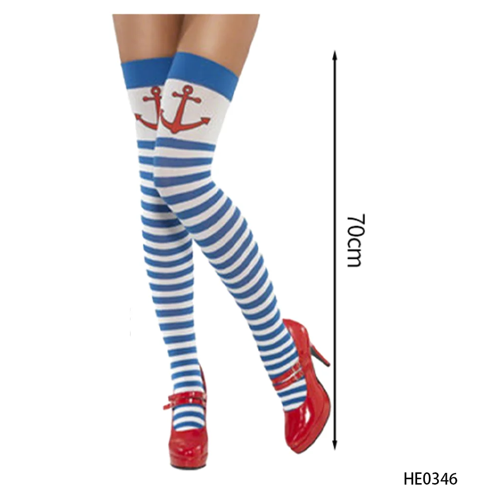 PESENAR Capitão estilo azul e branco listrado âncora sobre o joelho meias para cosplay e acessório de fantasia