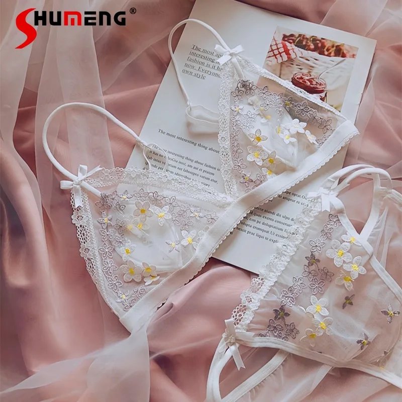 

French Style Ultra Thin Lace Bra Set Women's Wireless Mesh Embroidery Sexy Intimates Female Pure Desire Underwear Brief Suits