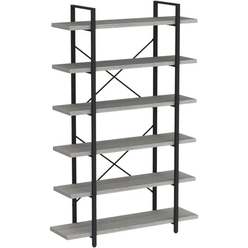 6 Tier Tall Bookshelf, Wood and Metal Vertical Display Book Shelf, Industrial 6 Shelf Bookcases and Book Shelves Storage Rack