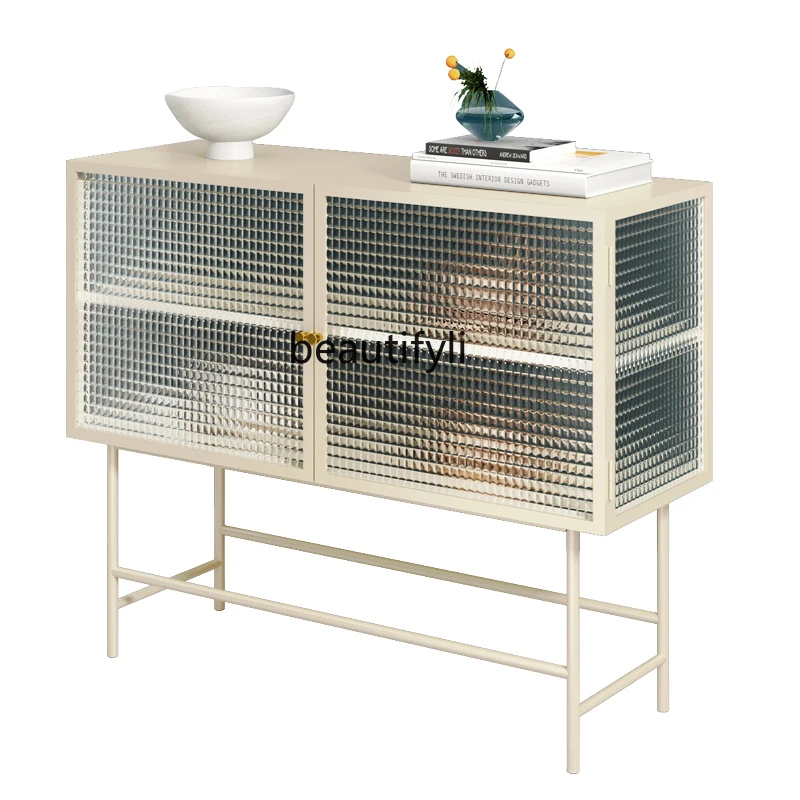 

zqFrench Glass Sideboard Cabinet Modern Minimalist Wall Tea Cabinet Nordic Light Luxury Entrance Cabinet