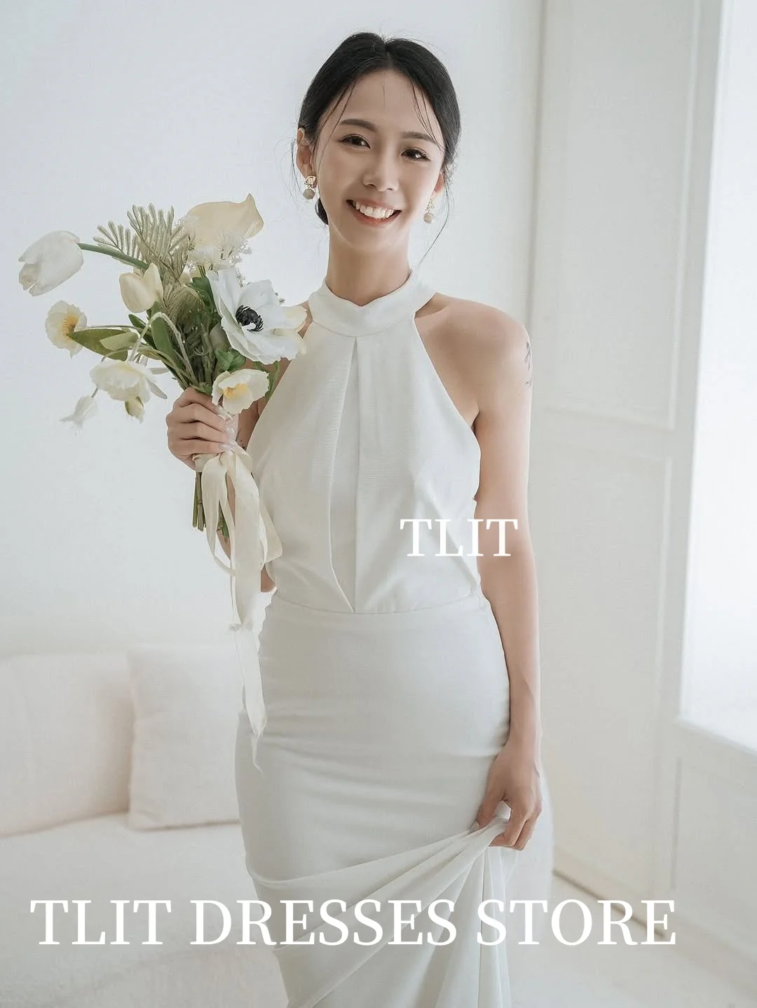 TLIT Elegant White Elastic Satin Evening Dresses Customized Halter Draped Mermaid Prom Gowns Korea Wedding Dress Photo shoot