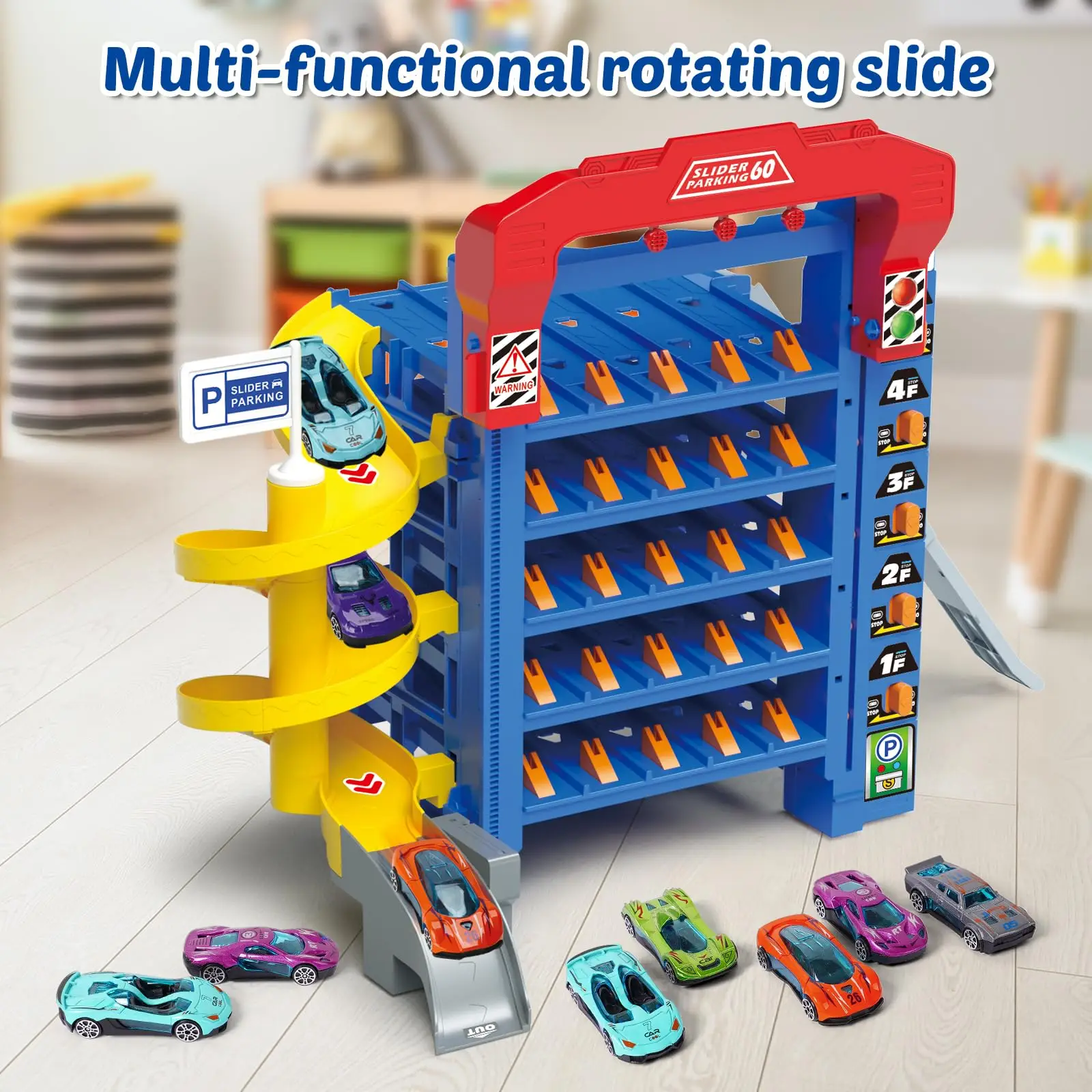 VATOS Sliding Track Truck Car Toy-Parking Toy Storage Track with 10 Cars Ideal Birthday School Year Gift Car Set for Toddlers 3+
