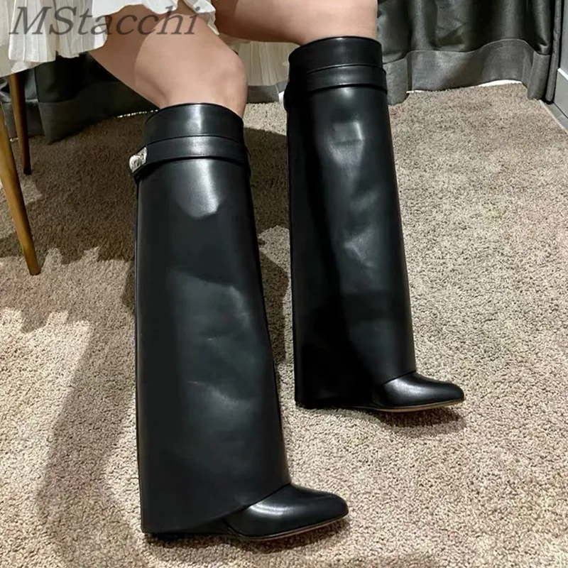 Shark Lock Women Boots Brand Design Genuine Leather Slip-on Knee High Boots For Woman Motorcycle Botas Mujer Fashion Wedge Shoes