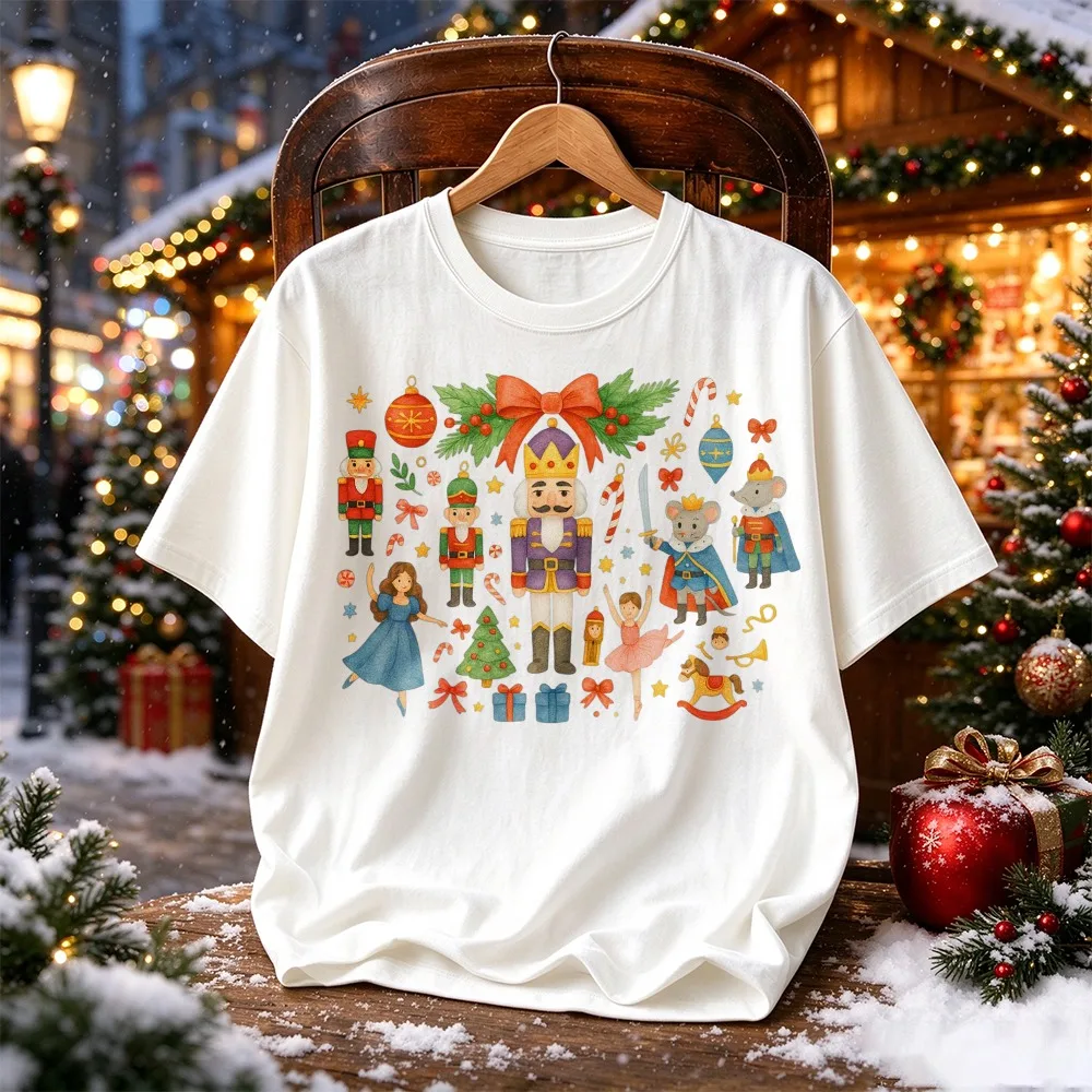 Watercolor Nutcracker Characters Graphic Tee Christmas Holly Bow Ornament Ballet Dancer Mouse King Print Crew Neck Holiday Tops
