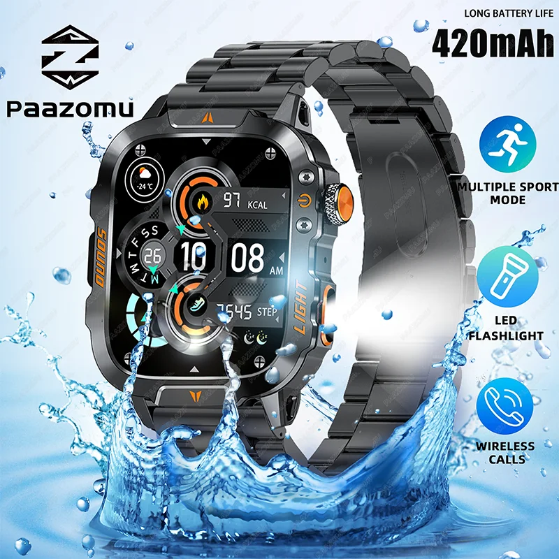 

New men's fitness smartwatch with Bluetooth calling function, voice assistant, flashlight, health monitoring, sports smartwatch