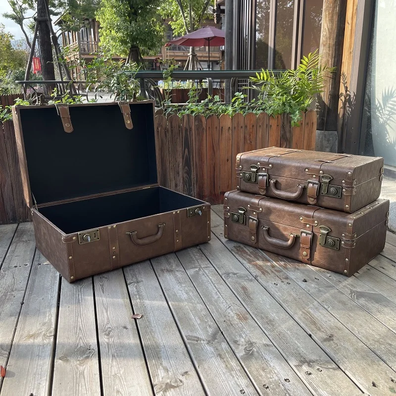 Customized Vintage Travel Suitcases PU Leather Home Hand Clothing Luggage Organizers Boxes Large Capacity Wood Box Prop Suitcase