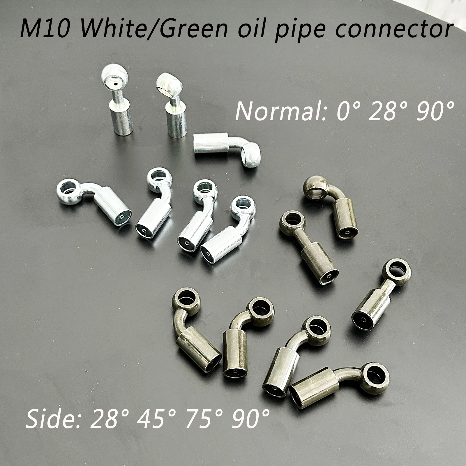 

White/Green Aluminum M10 Oil Fuel Hose Connector Normal 0°/28°/90°&Side 28°/45°/75°/90° Elbow Car Motorcycle Modification Part