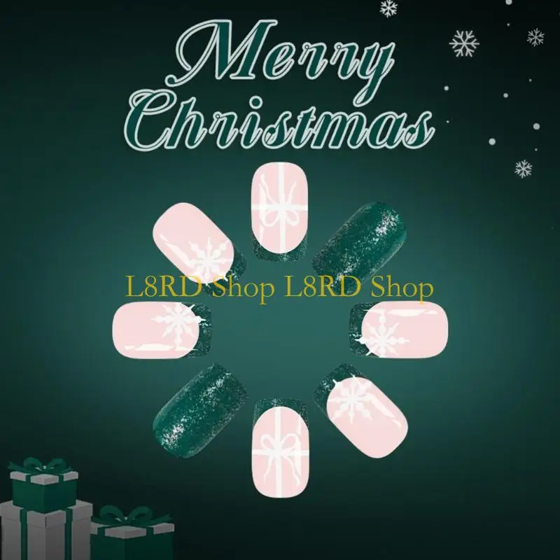 

L8RD сверкающие зеленые блестящие искусственные ногти с французским кончиком, 24 шт., удобные короткие квадратные накладные для