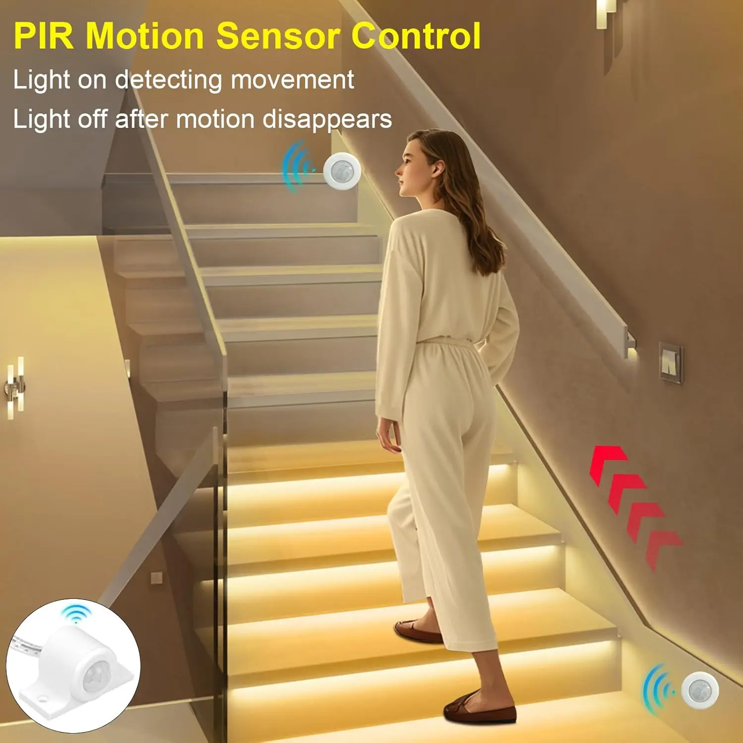 Intelligent Motion Sensor LED Stair Light Kit with Main Wire& Daylight Sensor, Step by Step Control LED Step Light Indoor