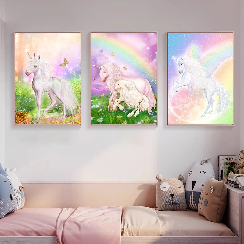 Cartoon Magic Unicorn Dreams Rainbow Nordic Poster Wall Art Canvas Painting Wall Pictures For Living Room Home Decor Unframed
