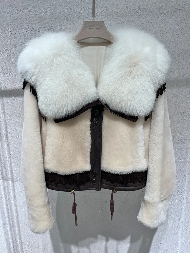 

Fashion Women Winter Natural Merino Sheep Fur Coat Real Fox Fur Collar Genuine Leather JacketThick Warm Luxury Female Coats