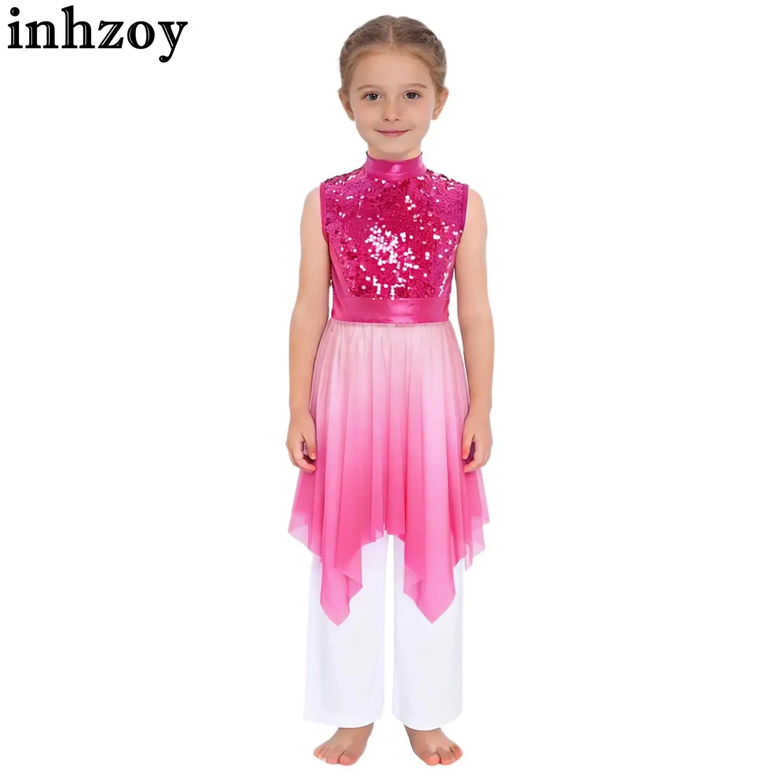 Kids Girls Lyrical Dance Dress with Pants Sleeveless Sequins Bodice Tunic Liturgical Worship Praise Choir Performance Costume