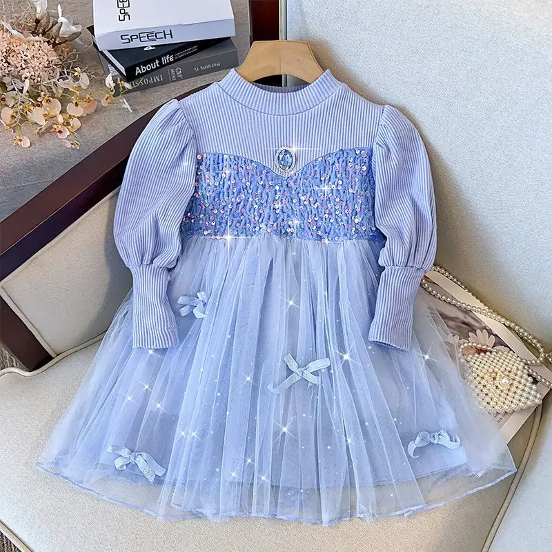 

Spring Autumn Sweet Solid Pit Strip Long Sleeve Kids Clothes Girls Diamonds Patchwork Sequined Lace Bow Gauze O-Neck Midi Dress