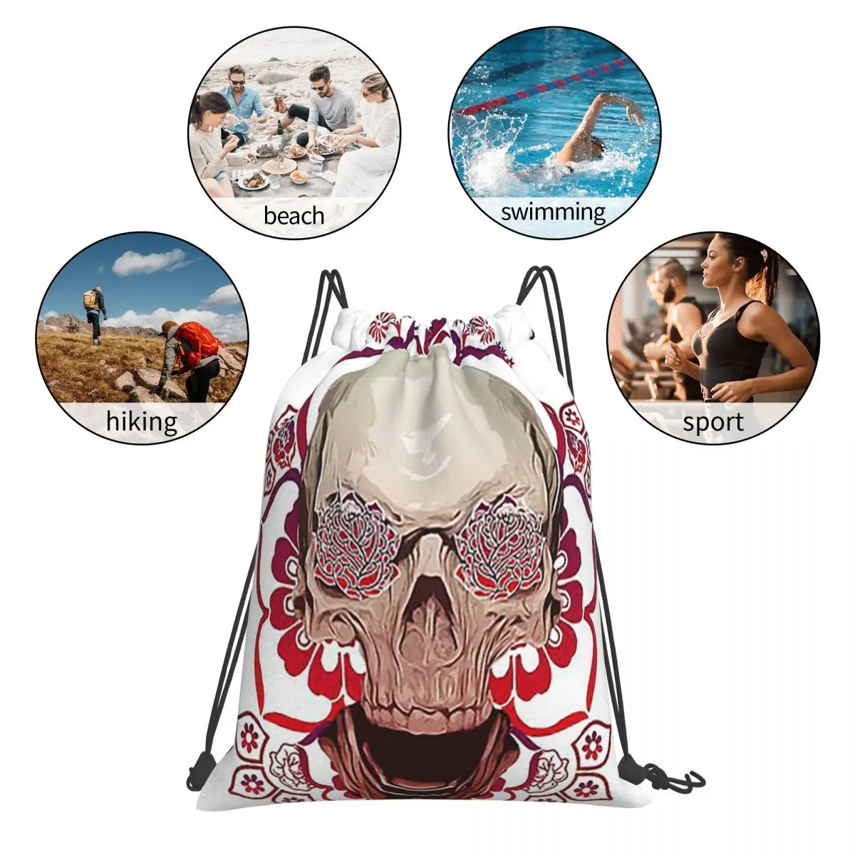 Flowery Skull Backpacks Multi-function Portable Drawstring Bags Shoes Bag Book Bags For Travel Students