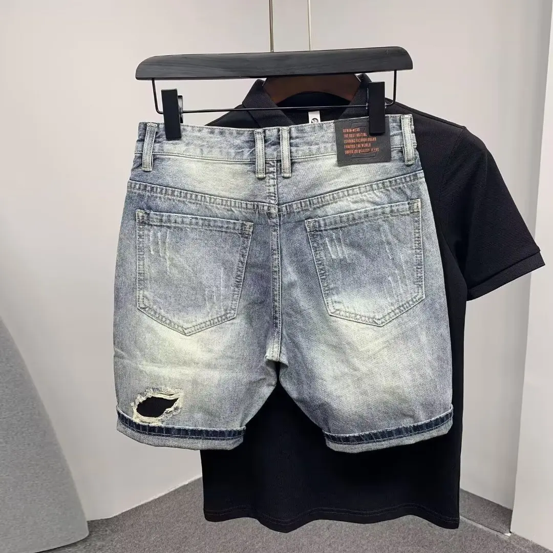 Summer Men's Casual Trendy High Street Hole Patched Denim Shorts Star Printed Knee Length Skinny Jeans Shorts Male Streetwear view 2
